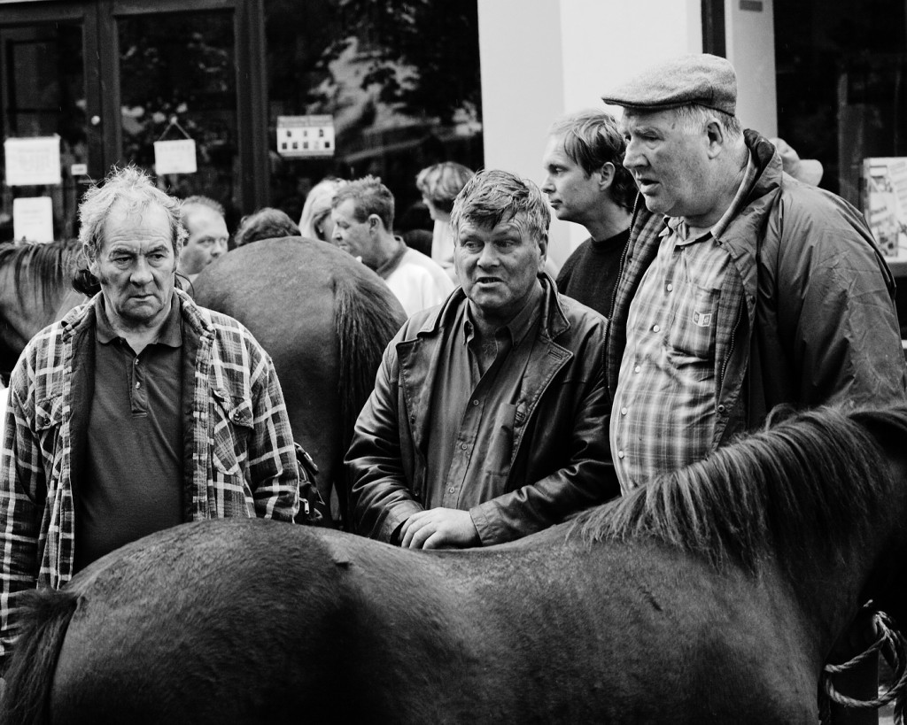 Mehrere Männer stehen bei einem Pferd auf einem Vieh- oder Pferdemarkt in Schwarzweiß